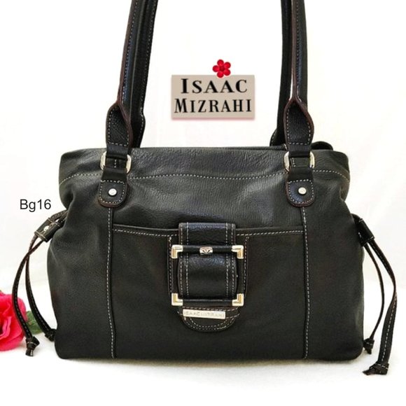 Isaac Mizrahi Black Leather Shoulder Bag Handbag Tote Satchel Magnet Drawstrings - Picture 1 of 13